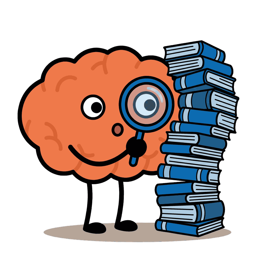 The No-Brainer mascot inspecting a tall stack of books with a magnifier