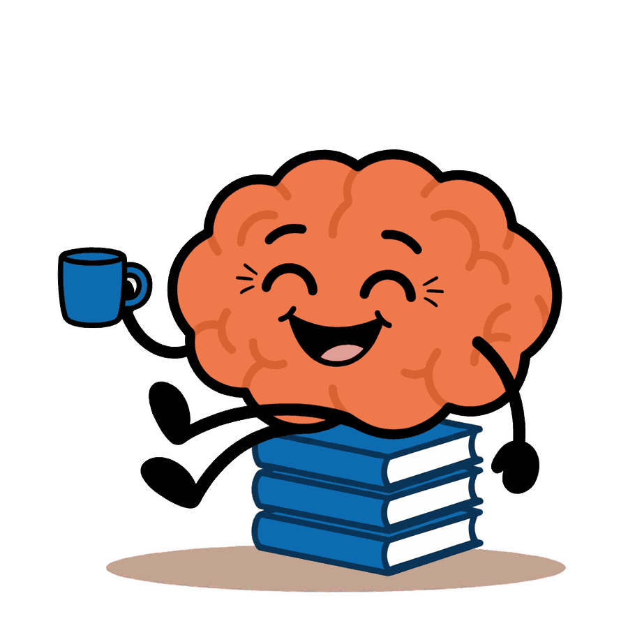 The No-Brainer mascot with its feet up on a finished stack of books